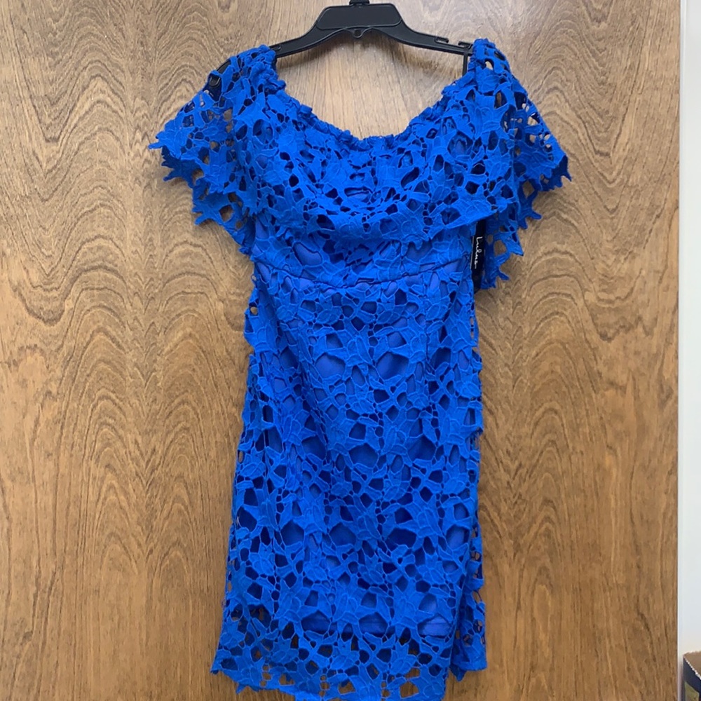 Blue off the shoulder lace dress from Lulu’s